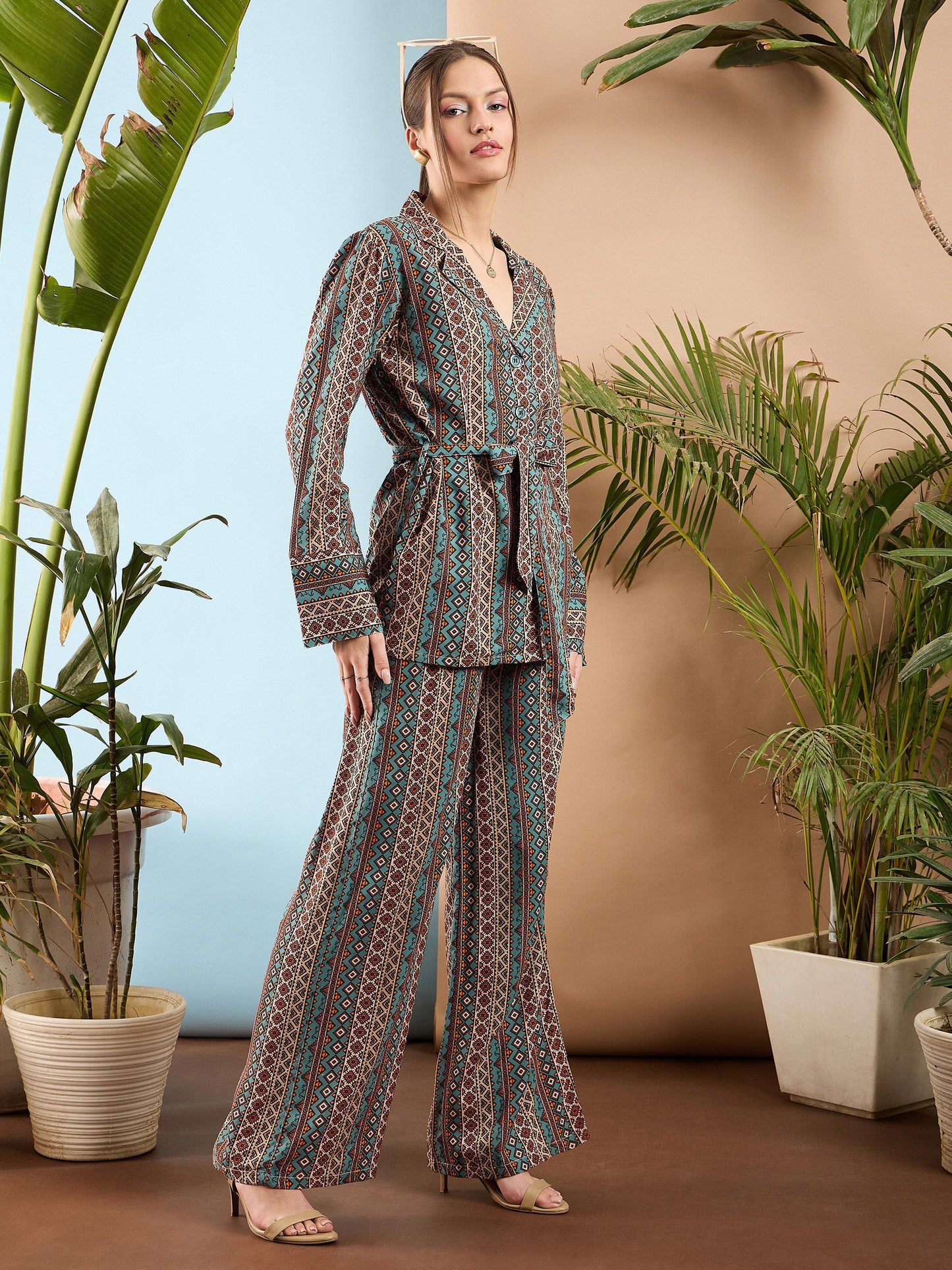Turquoise Geometrical Notch Collar Shirt With Flared Pants