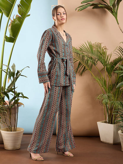 Turquoise Geometrical Notch Collar Shirt With Flared Pants