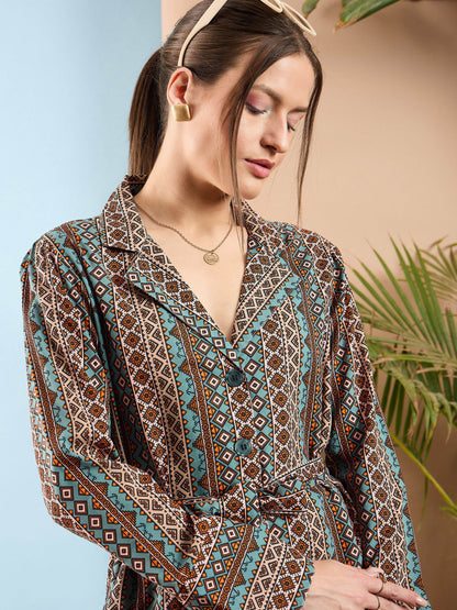 Turquoise Geometrical Notch Collar Shirt With Flared Pants