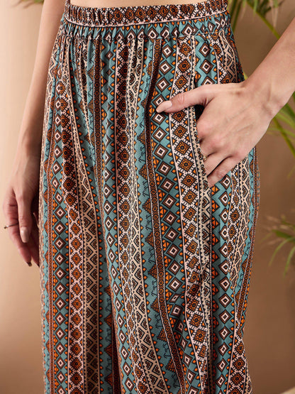 Turquoise Geometrical Notch Collar Shirt With Flared Pants