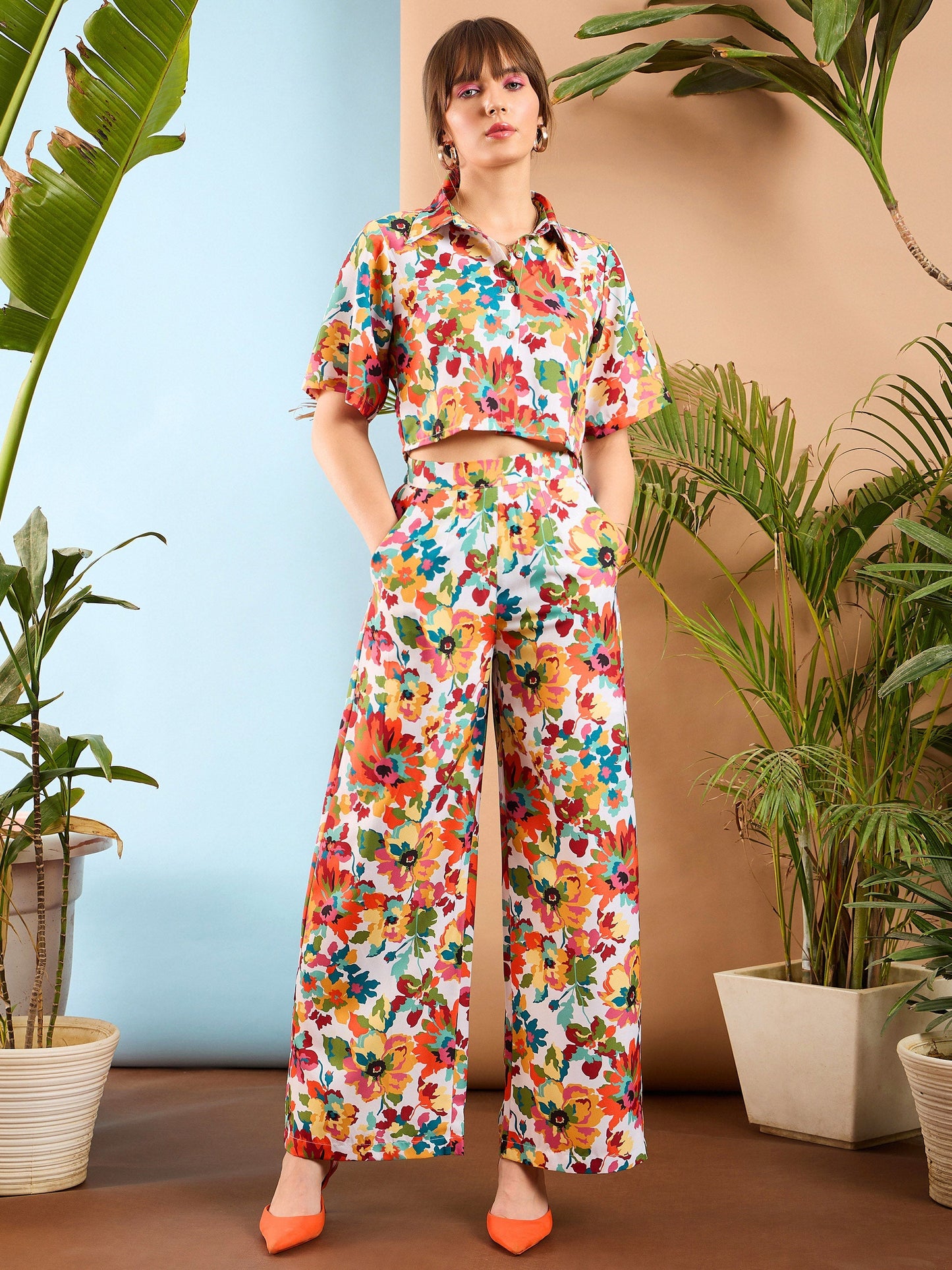 Orange Floral Crop Shirt With Pants
