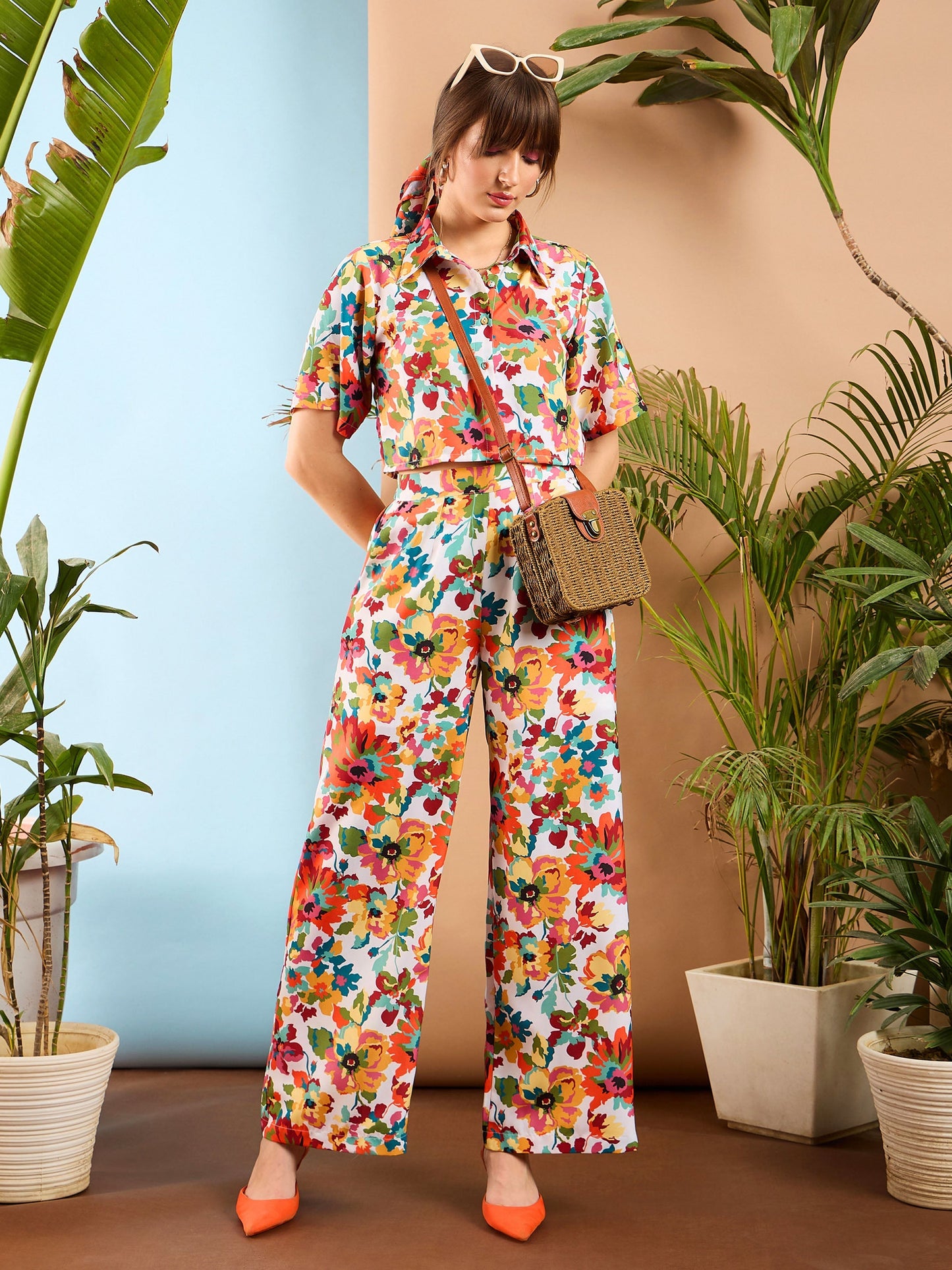 Orange Floral Crop Shirt With Pants