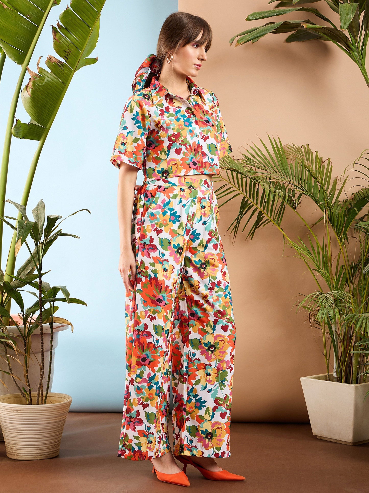 Orange Floral Crop Shirt With Pants