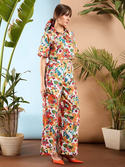 Orange Floral Crop Shirt With Pants