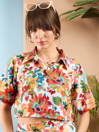 Orange Floral Crop Shirt With Pants