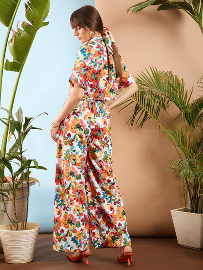 Orange Floral Crop Shirt With Pants
