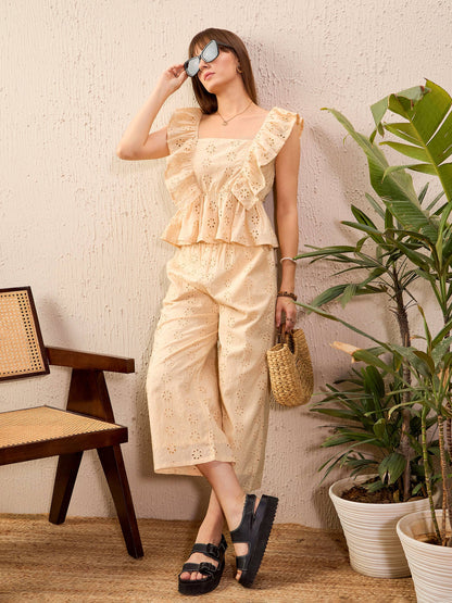 Beige Schiffli Peplum Top With Palazzos