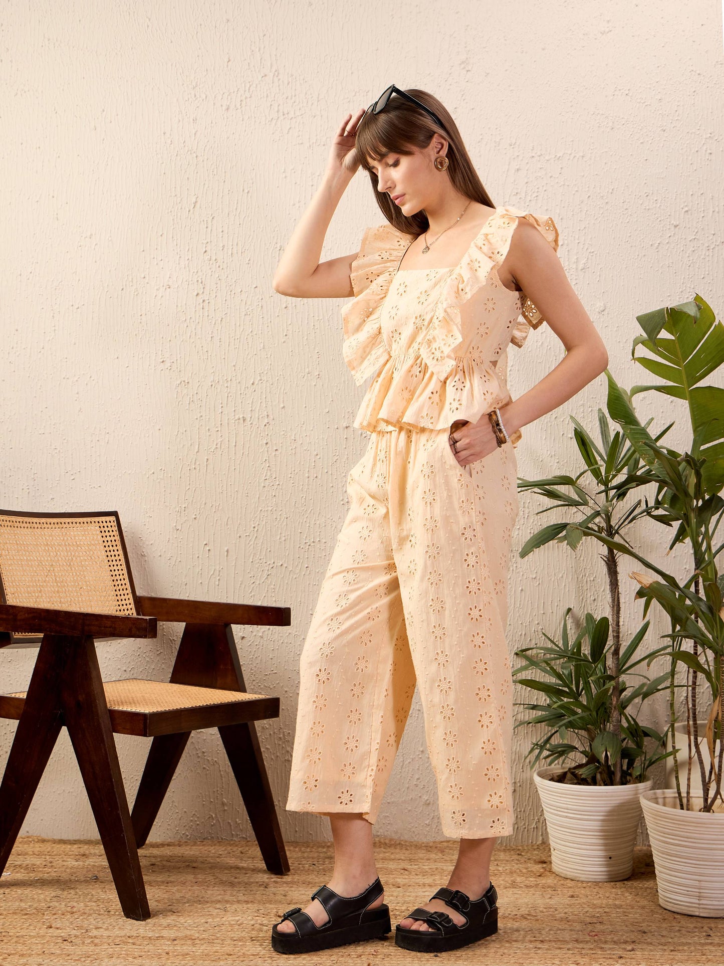 Beige Schiffli Peplum Top With Palazzos