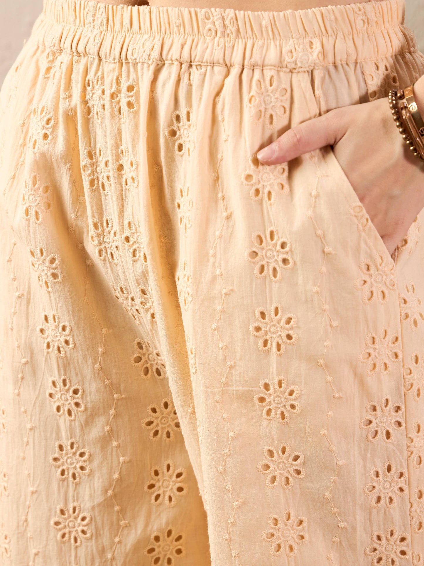 Beige Schiffli Peplum Top With Palazzos