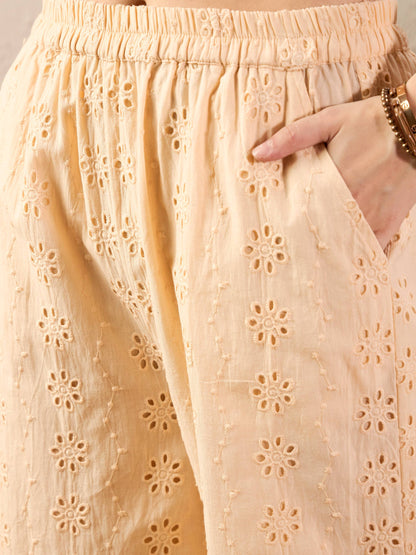 Beige Schiffli Peplum Top With Palazzos
