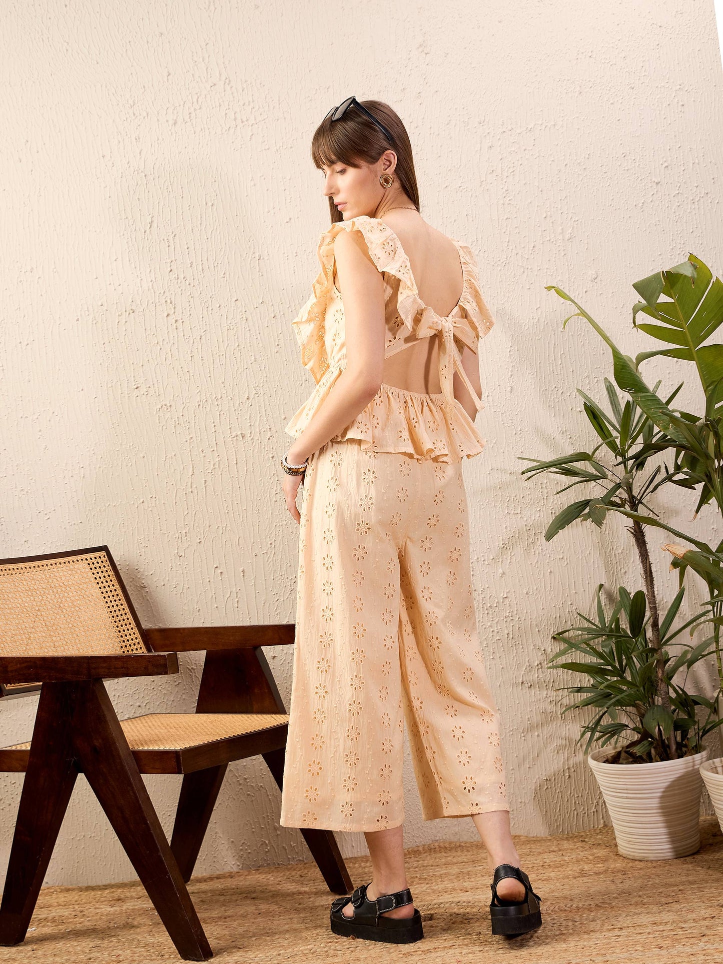 Beige Schiffli Peplum Top With Palazzos