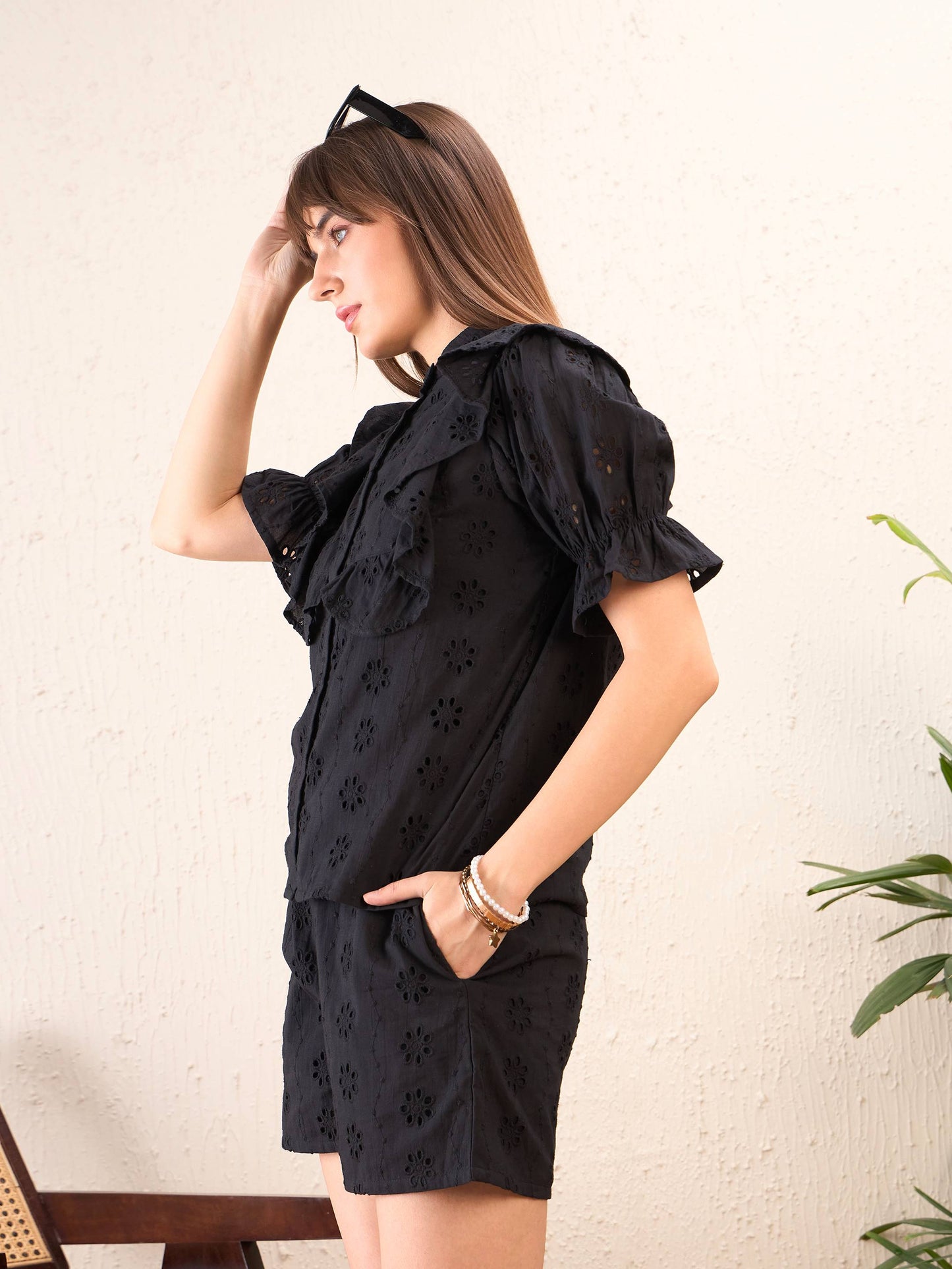 Women Black Schiffli Shirt With Paper waist Shorts