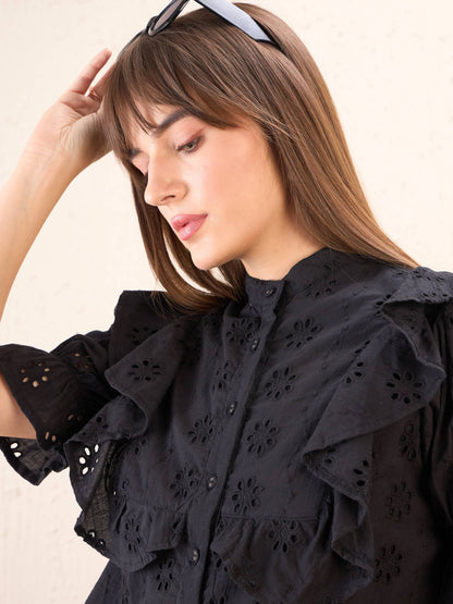 Women Black Schiffli Shirt With Paper waist Shorts