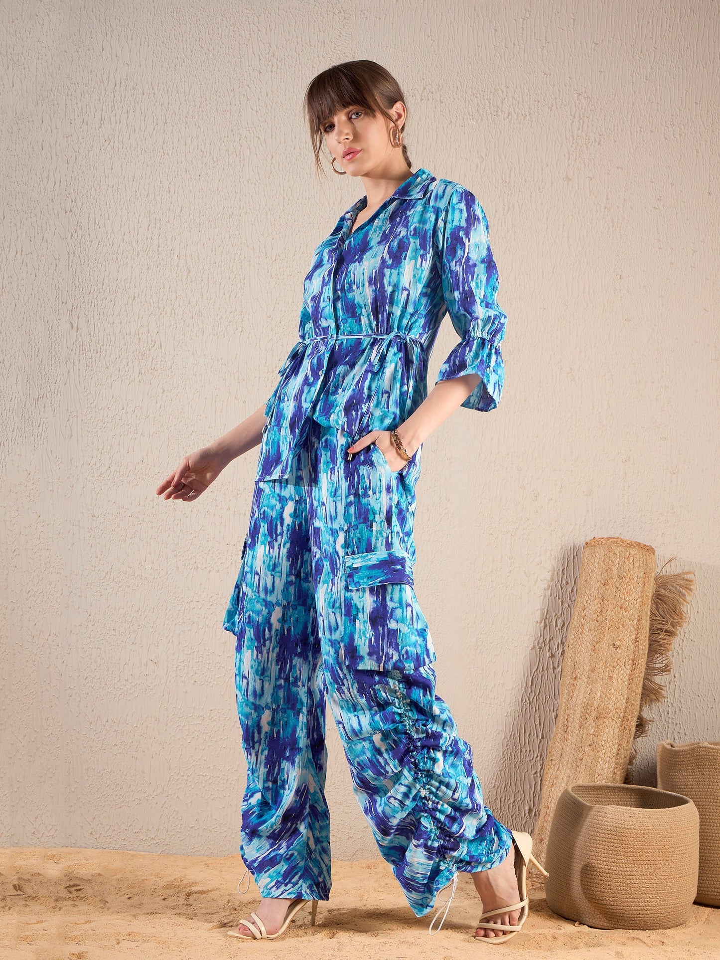 Blue Brushstroke Tie Shirt With Ruched Cargo Pants