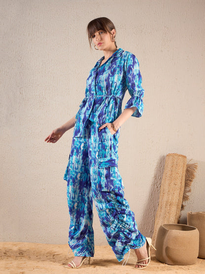 Blue Brushstroke Tie Shirt With Ruched Cargo Pants