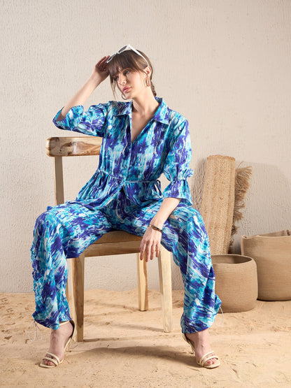 Blue Brushstroke Tie Shirt With Ruched Cargo Pants