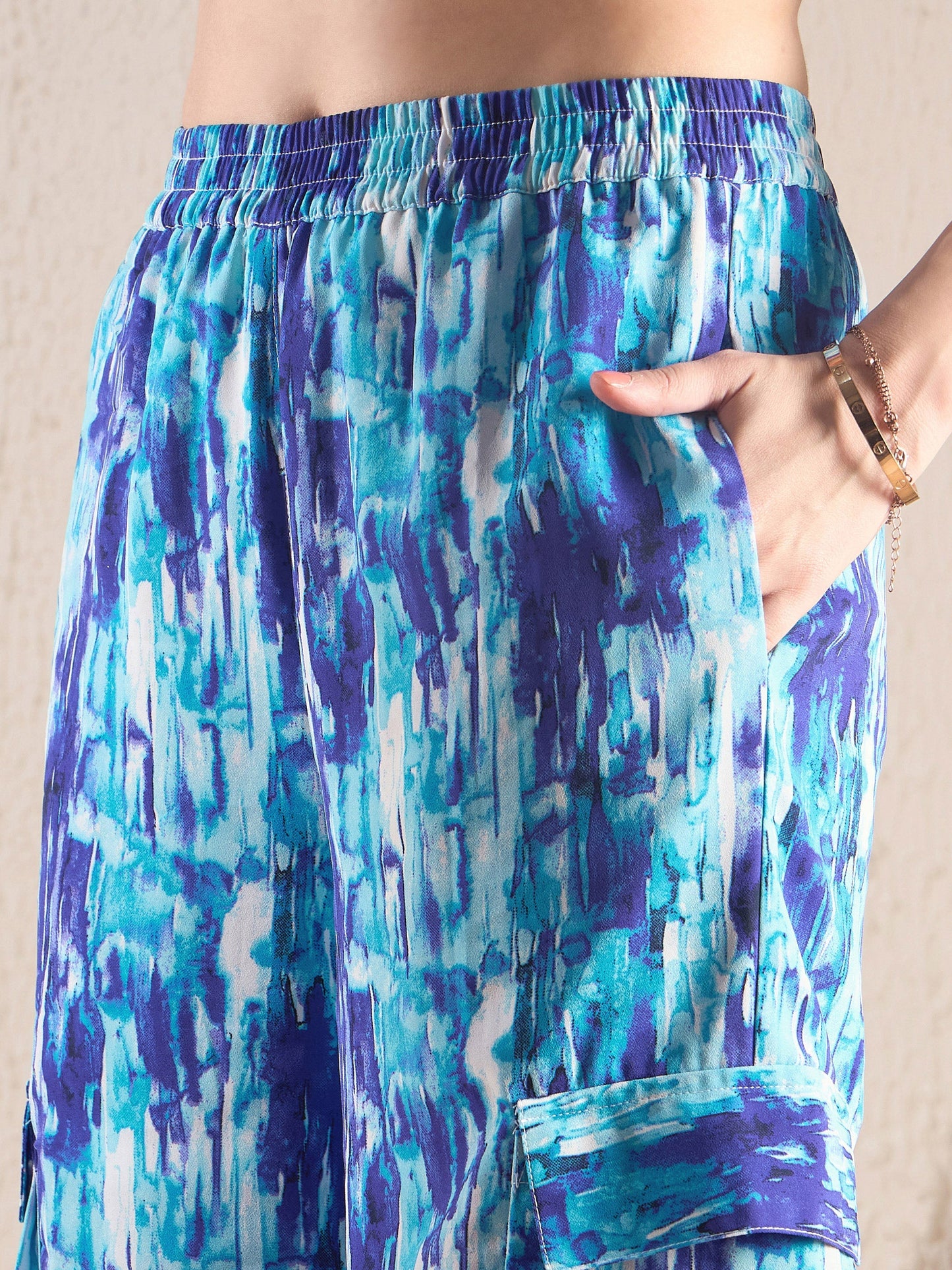 Blue Brushstroke Tie Shirt With Ruched Cargo Pants