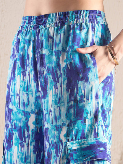 Blue Brushstroke Tie Shirt With Ruched Cargo Pants