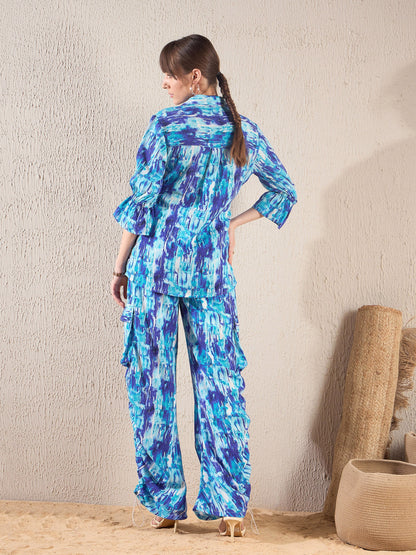 Blue Brushstroke Tie Shirt With Ruched Cargo Pants