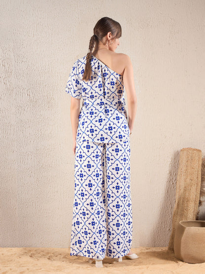 Navy Ethnic Print One Shoulder Top With Pants