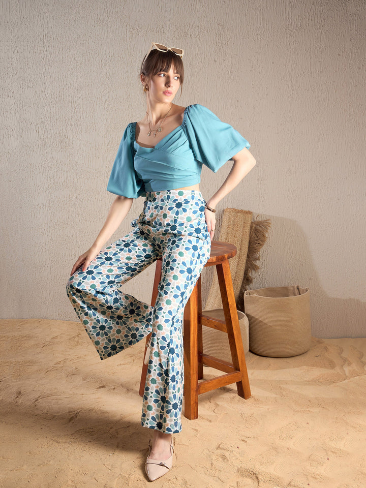 Women Teal Geometric Puff Sleeves Crop Top With Pants