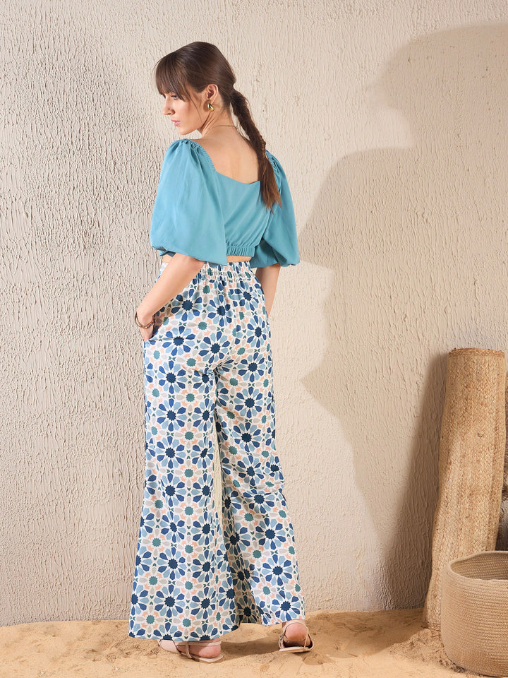 Women Teal Geometric Puff Sleeves Crop Top With Pants