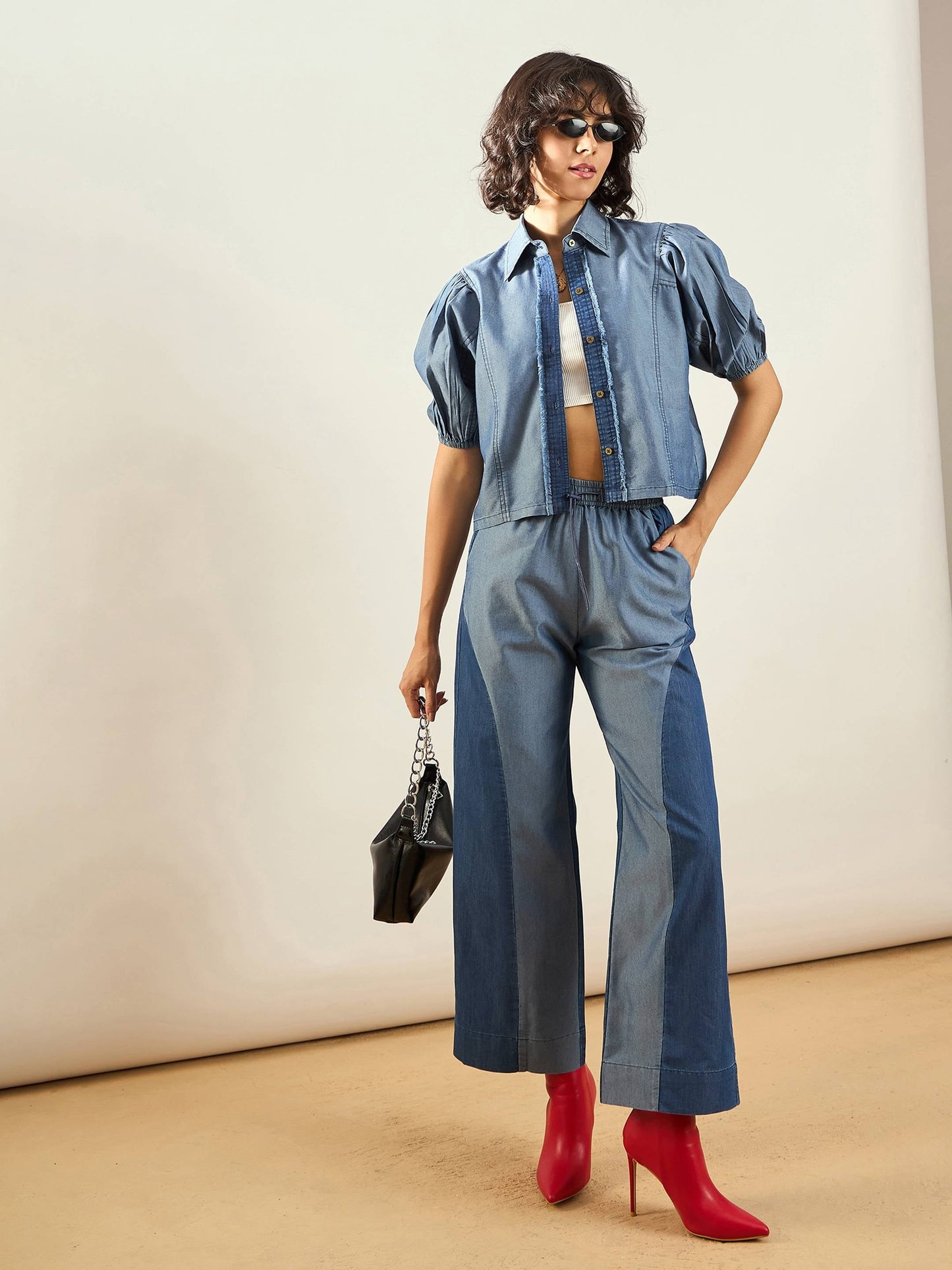 Women Blue Tencel Colo Block Shirt With Straight Pants