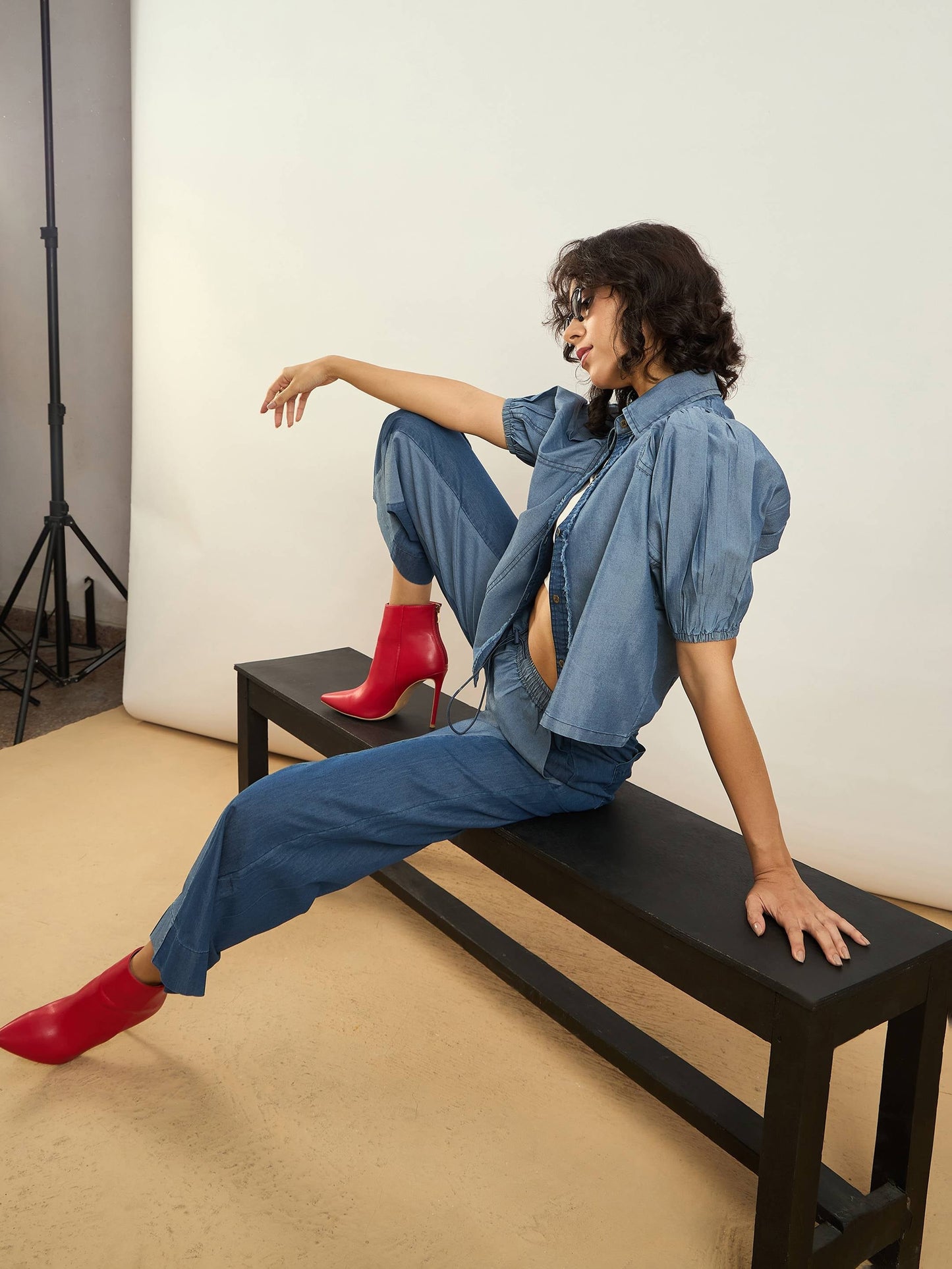 Women Blue Tencel Colo Block Shirt With Straight Pants