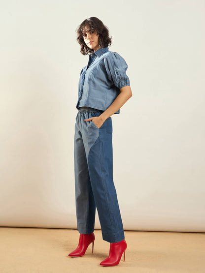 Women Blue Tencel Colo Block Shirt With Straight Pants