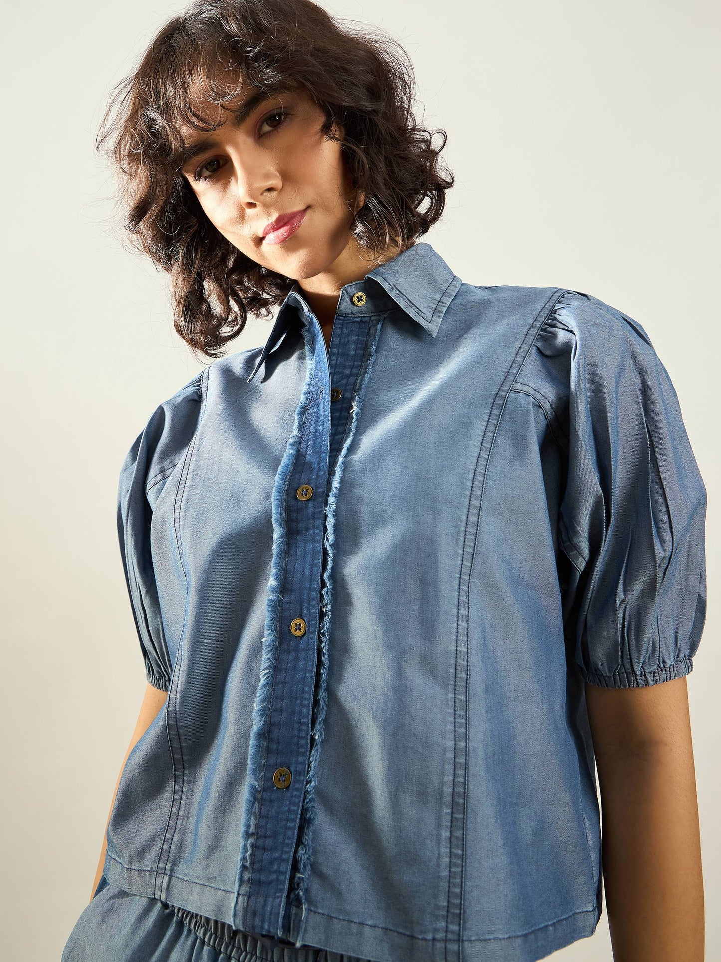 Women Blue Tencel Colo Block Shirt With Straight Pants