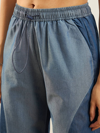 Women Blue Tencel Colo Block Shirt With Straight Pants