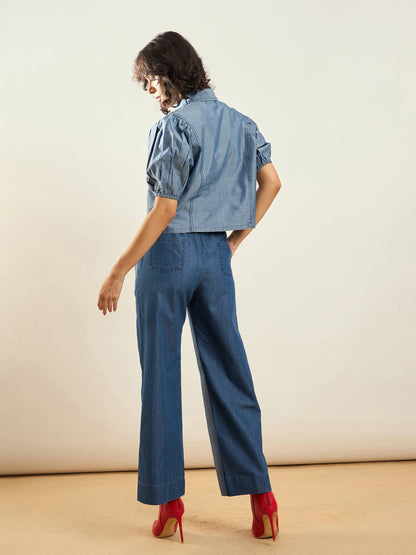 Women Blue Tencel Colo Block Shirt With Straight Pants