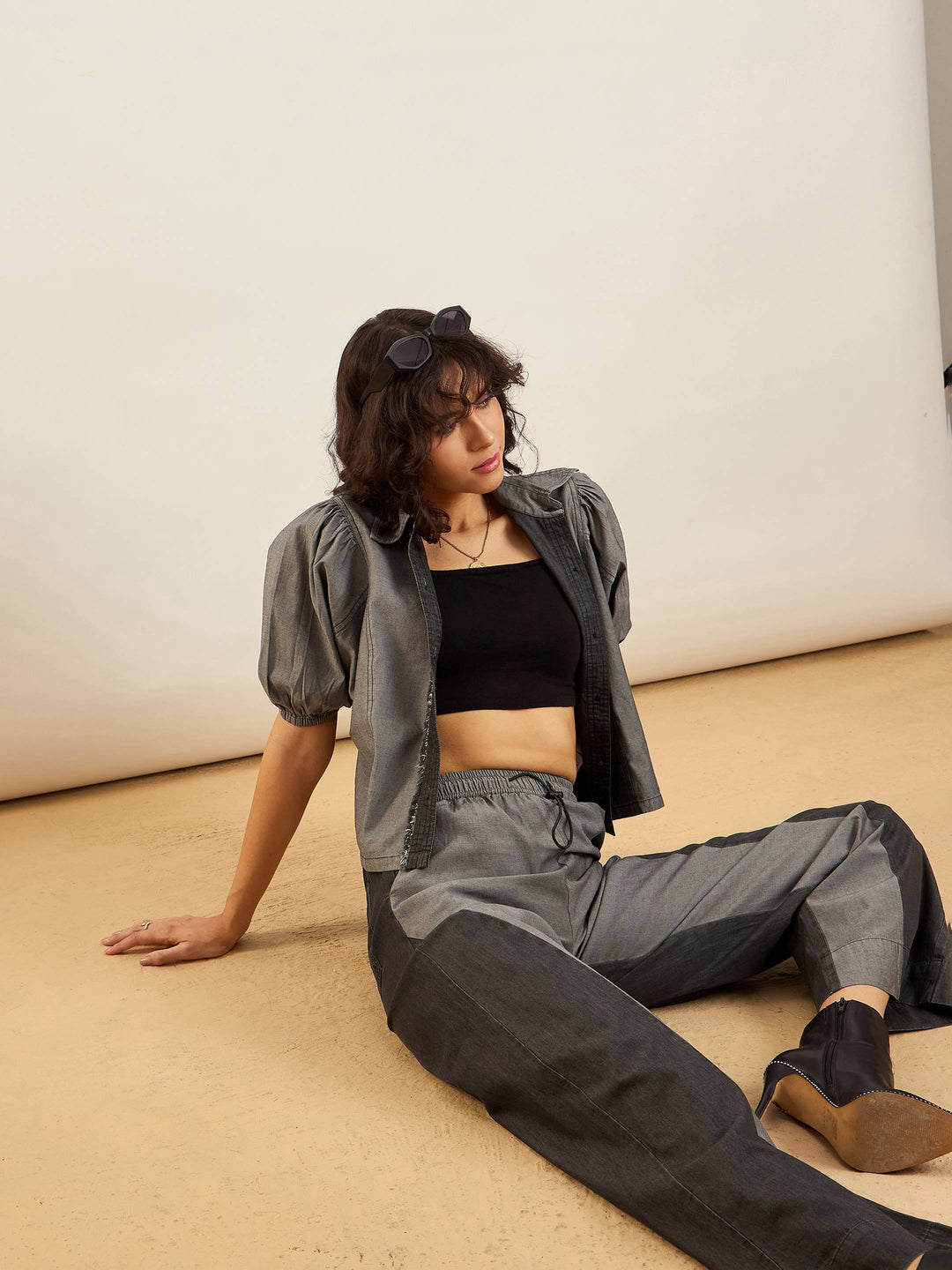 Women Grey Tencel Colo Block Shirt With Straight Pants