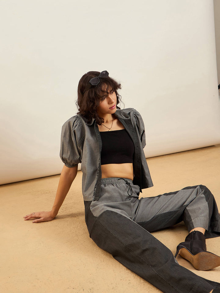 Women Grey Tencel Colo Block Shirt With Straight Pants