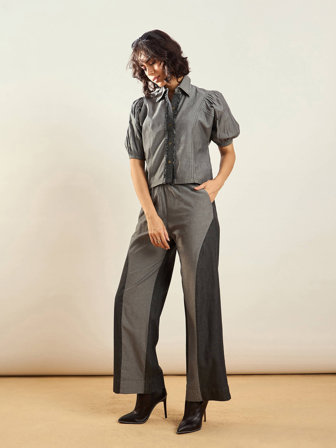 Women Grey Tencel Colo Block Shirt With Straight Pants