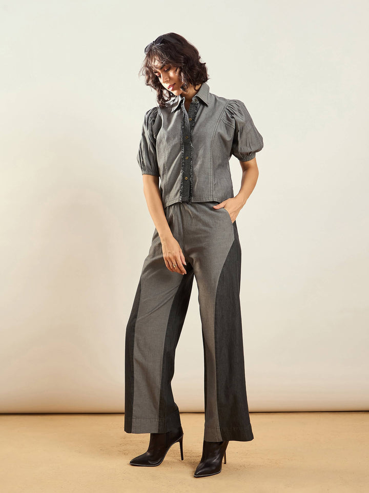 Women Grey Tencel Colo Block Shirt With Straight Pants