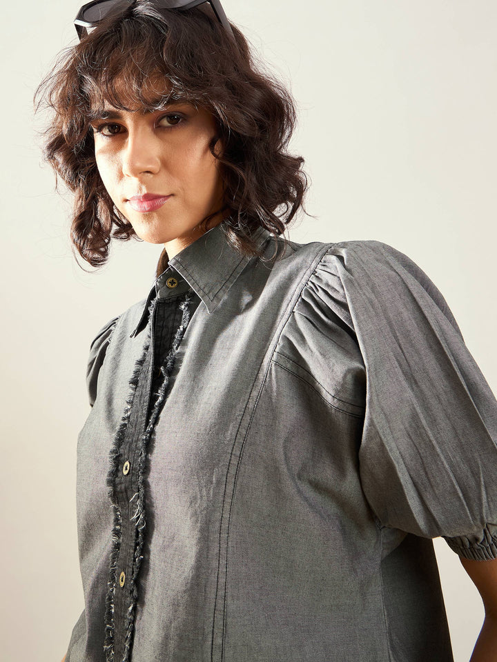 Women Grey Tencel Colo Block Shirt With Straight Pants