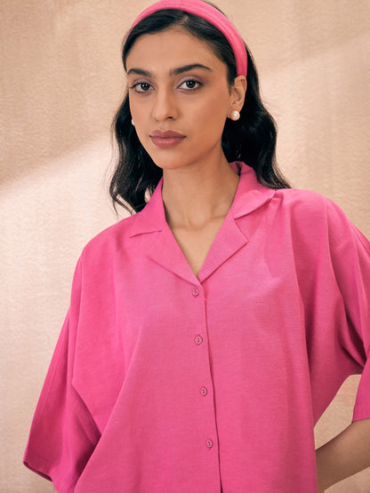 Pink Solid Crop Shirt With Shorts