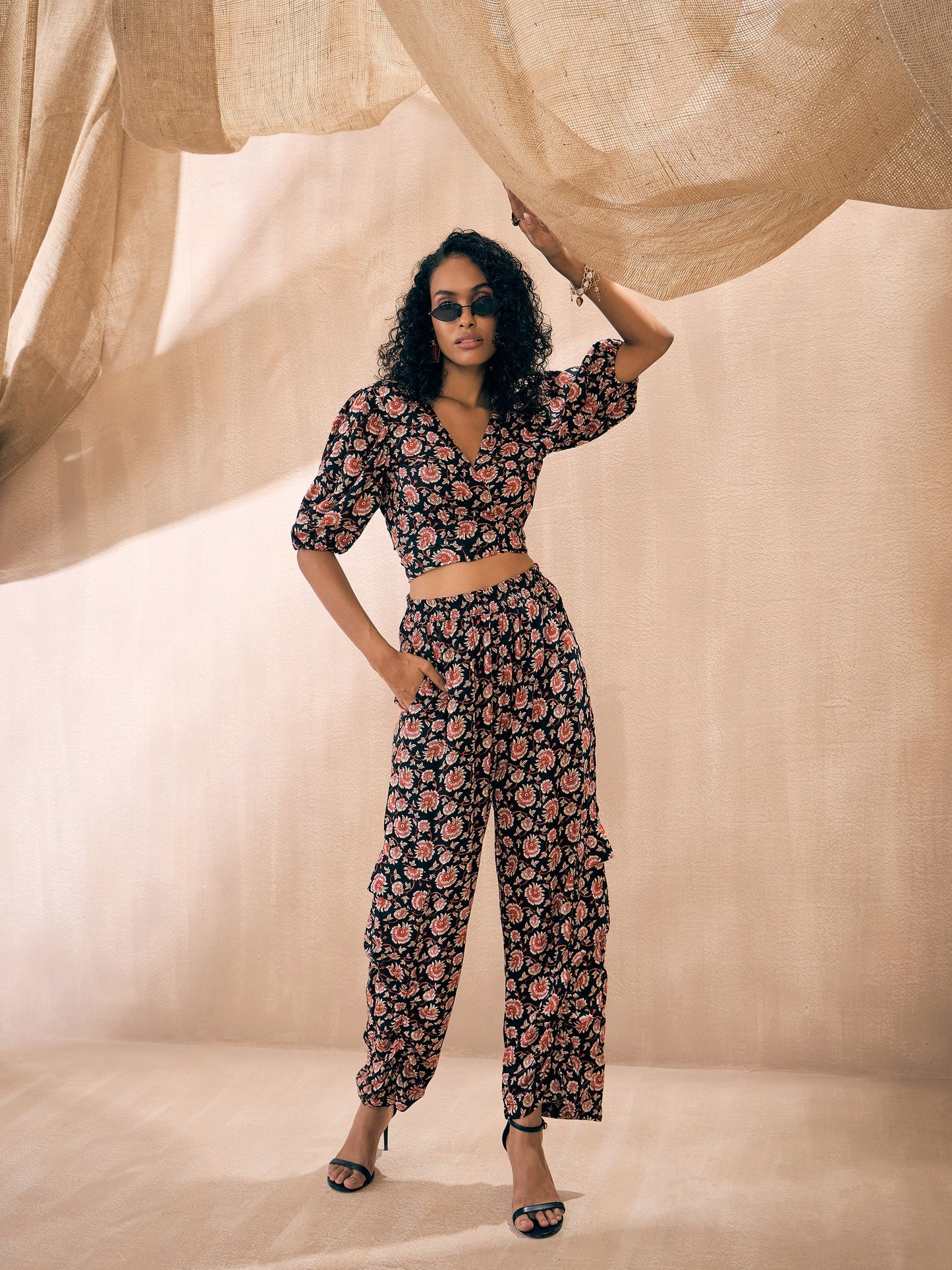 Black Floral Wrap Tie Crop Top With Ruched Pants