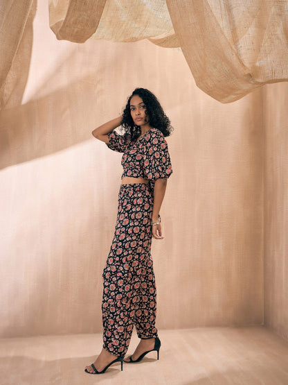 Black Floral Wrap Tie Crop Top With Ruched Pants