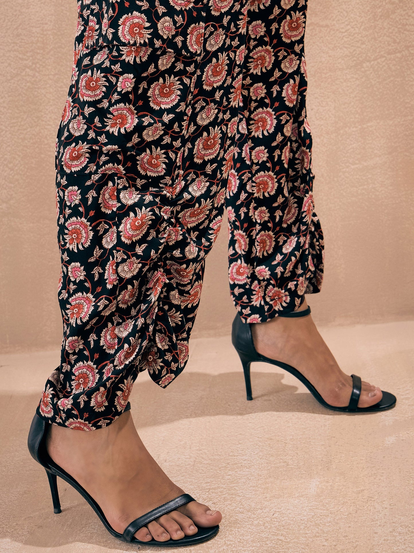 Black Floral Wrap Tie Crop Top With Ruched Pants