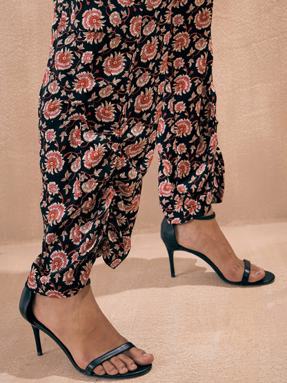 Black Floral Wrap Tie Crop Top With Ruched Pants