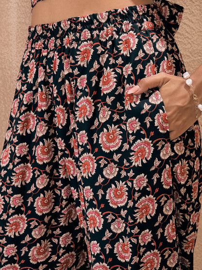 Black Floral Wrap Tie Crop Top With Ruched Pants