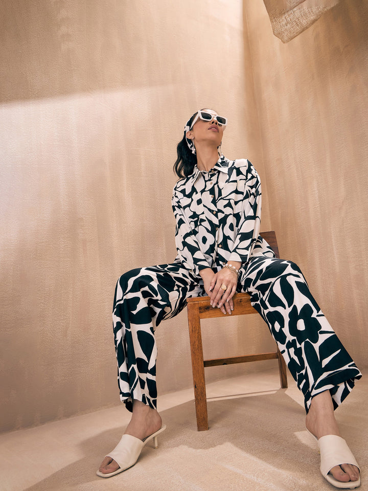 Women Black &amp; White Floral Front Button Shirt With Pants