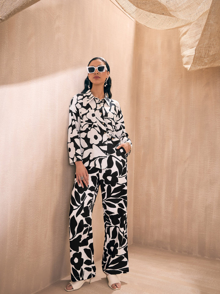 Women Black &amp; White Floral Front Button Shirt With Pants