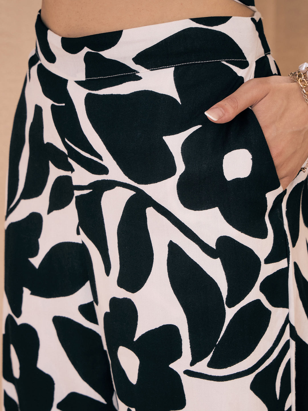 Women Black &amp; White Floral Front Button Shirt With Pants
