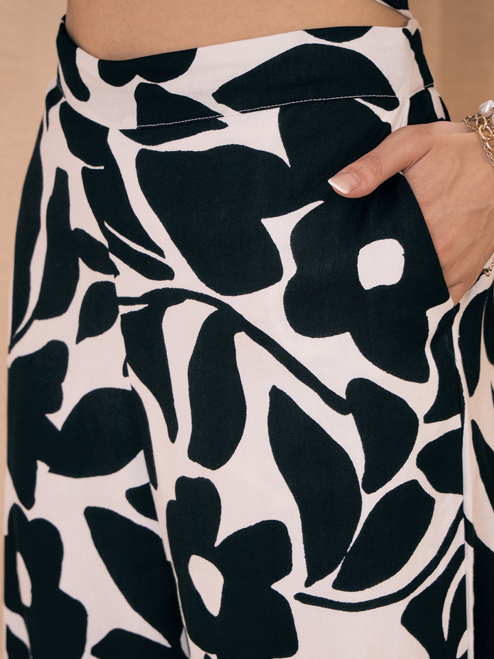 Women Black &amp; White Floral Front Button Shirt With Pants
