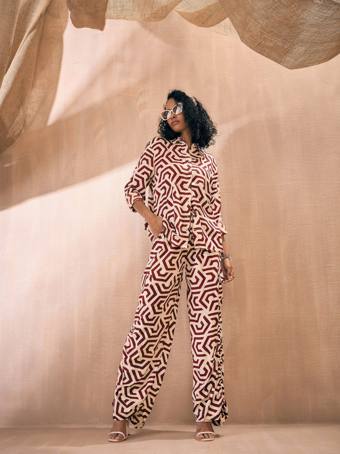 Maroon Geometric Shirt With Ruched Hem Pants
