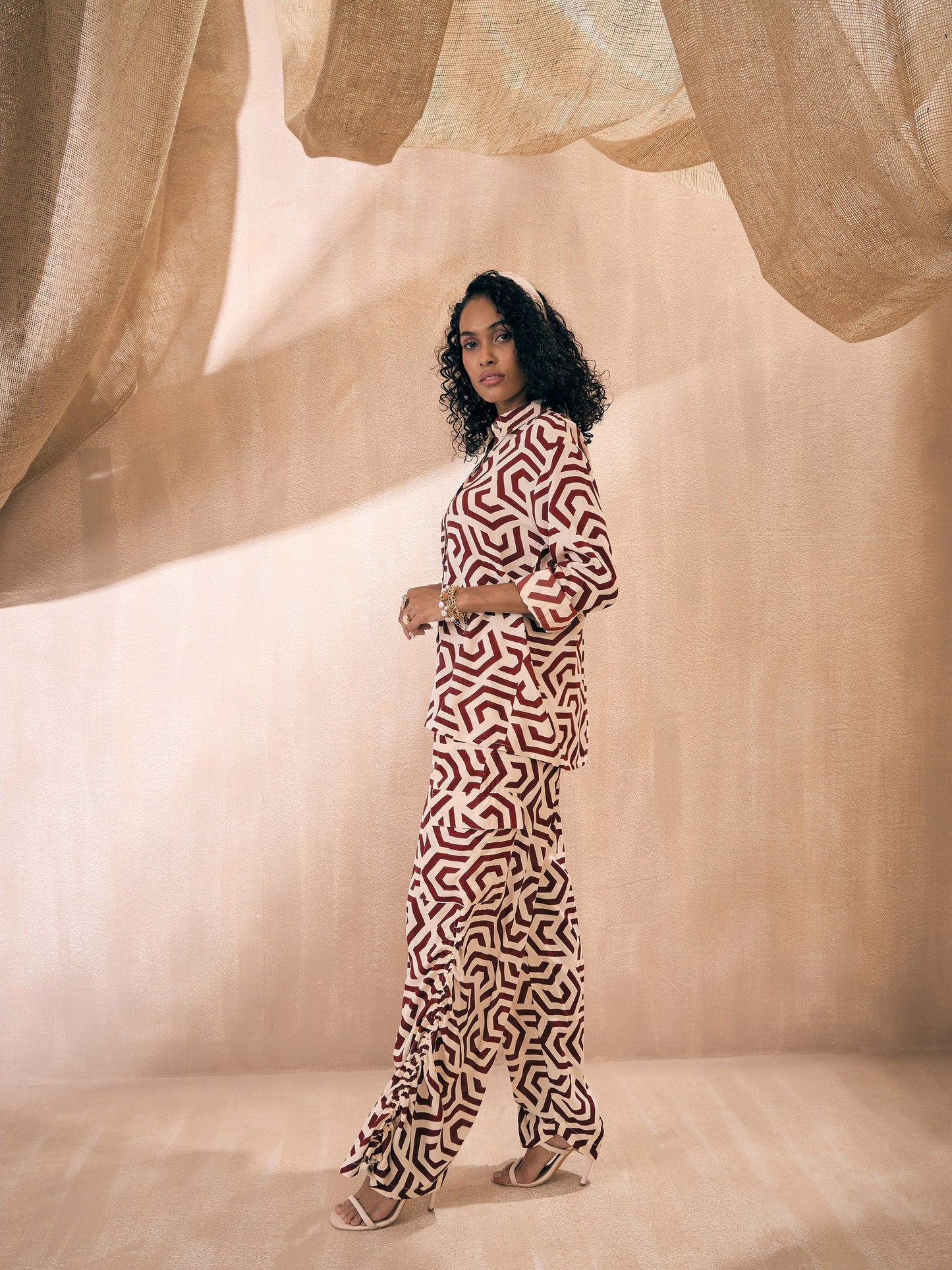 Maroon Geometric Shirt With Ruched Hem Pants