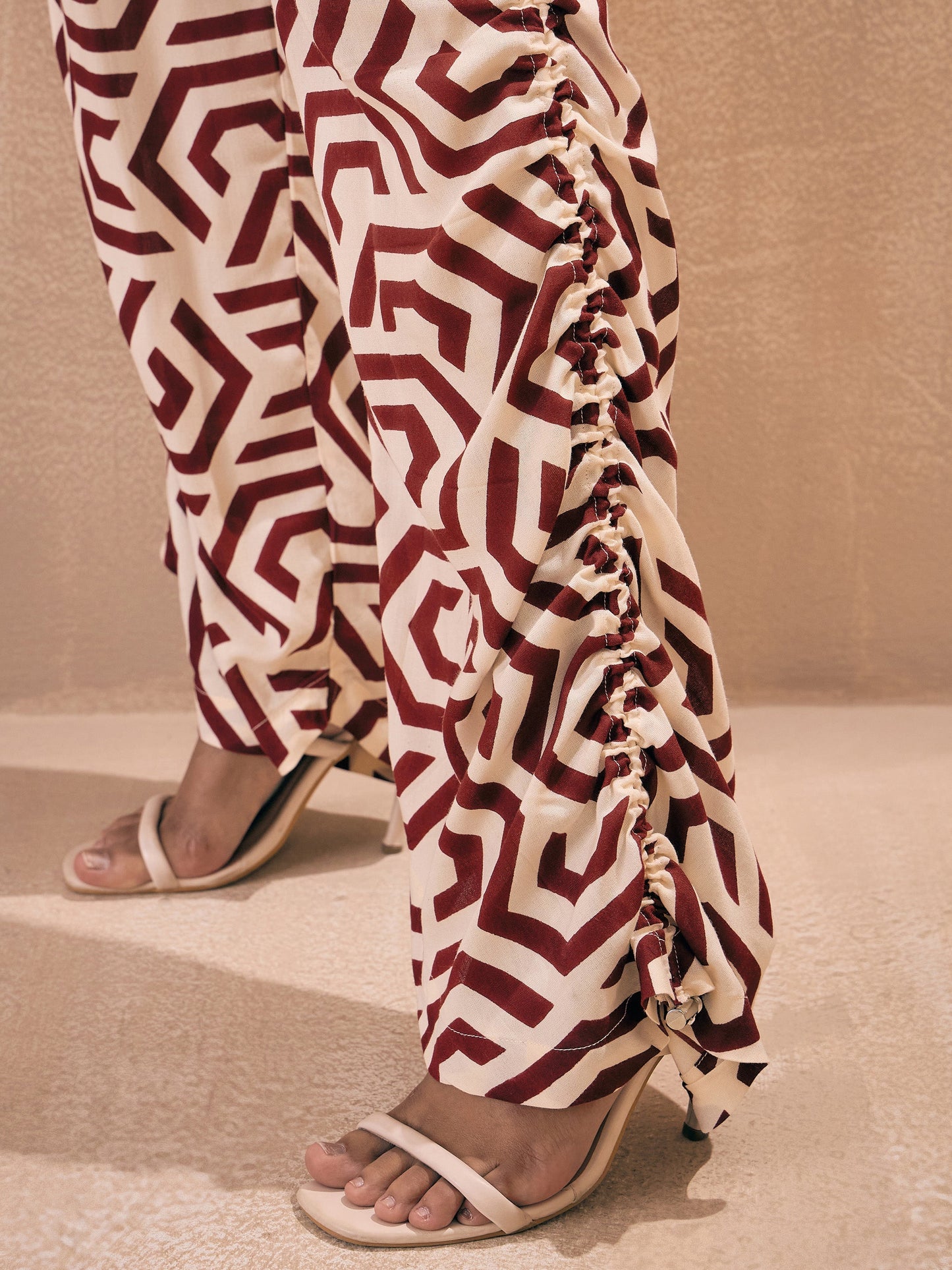 Maroon Geometric Shirt With Ruched Hem Pants